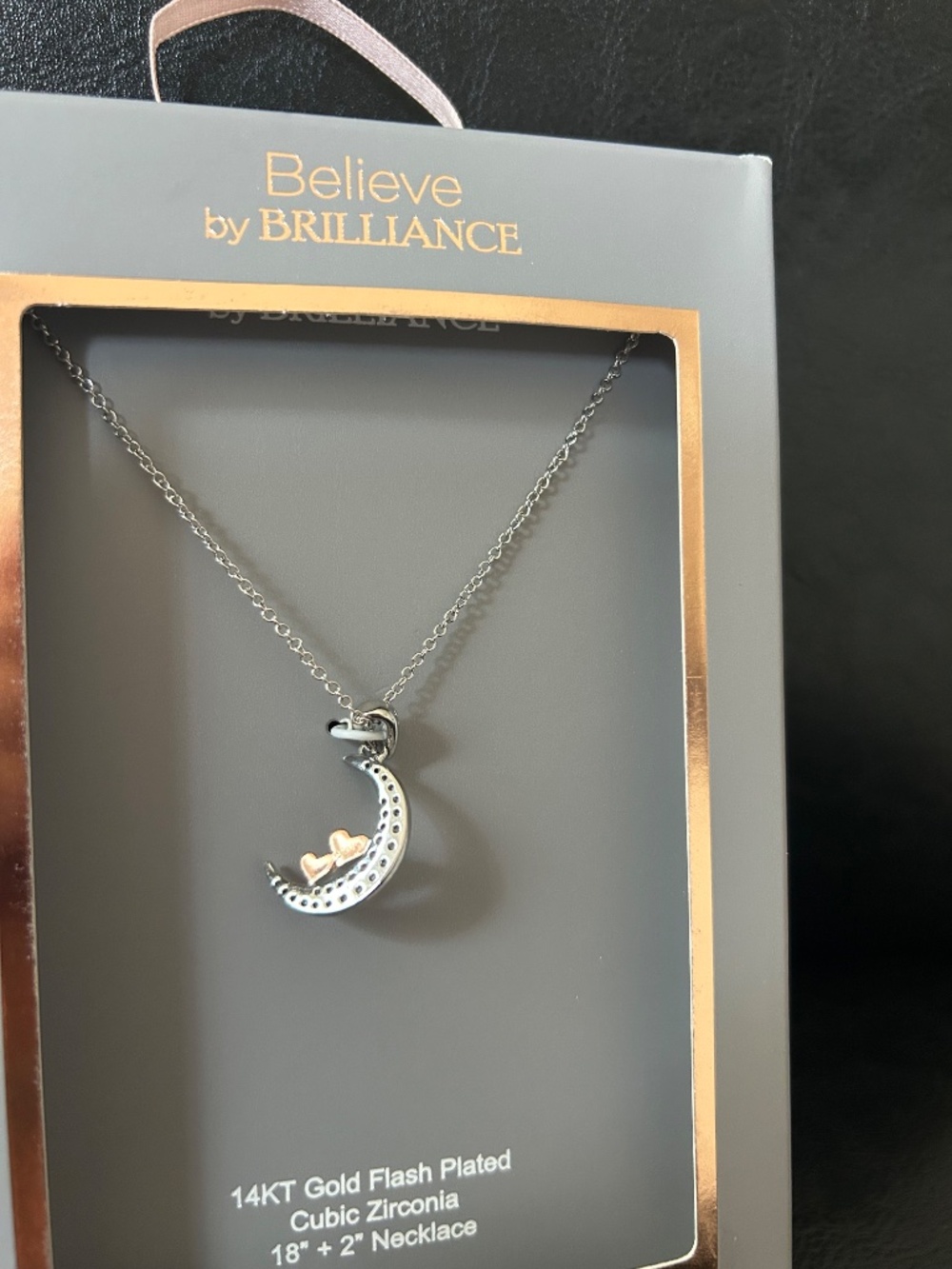 Believe by Brilliance 14KT Gold Flash Plated Cubic Zirconia Moon & Hearts Neckla - Picture 3 of 4